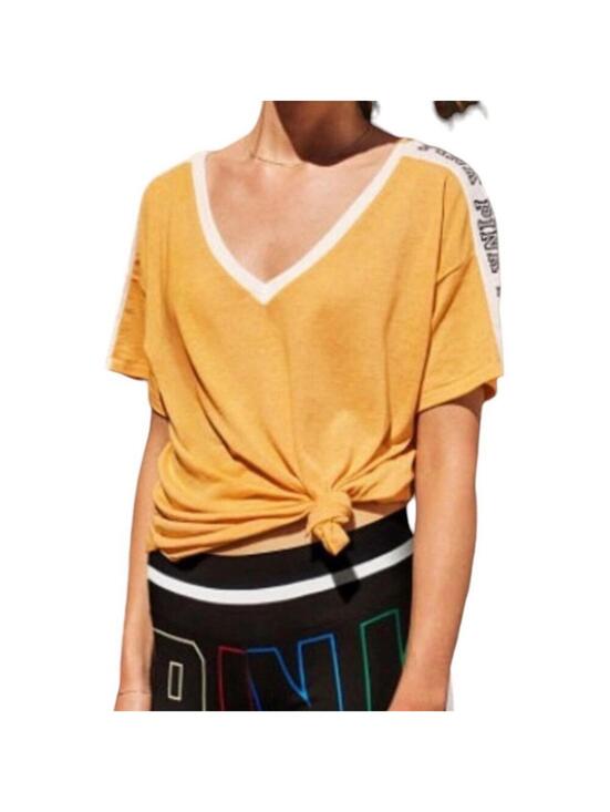 PINK Victoria's Secret Tops - Victoria's Secret Pink Golden Yellow V-Neck Logo T-Shirt Size M
